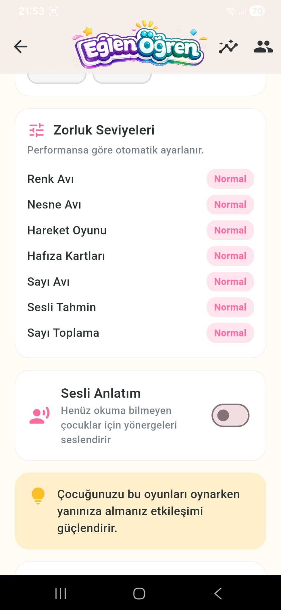EğlenÖğren Ebeveyn Paneli — Zorluk Seviyeleri ve Sesli Anlatım